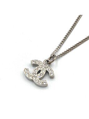 Chanel CC Logo Rhinestone Metal Clear Silver Necklace
